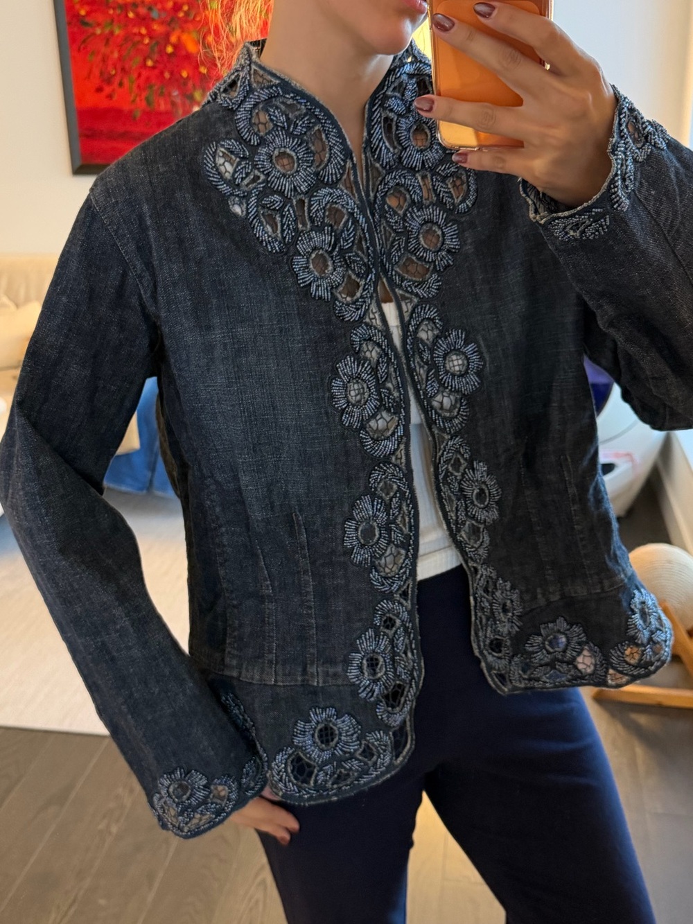 Chico’s Platinum Denim Embroidered Jacket — Size 2